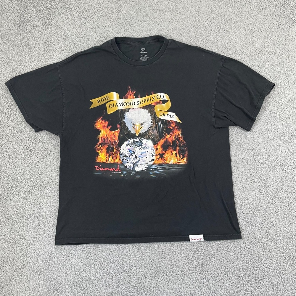 Diamond Supply Co Ride or Diamond T-Shirt Men 2XL Black Eagle Flames Biker Tee